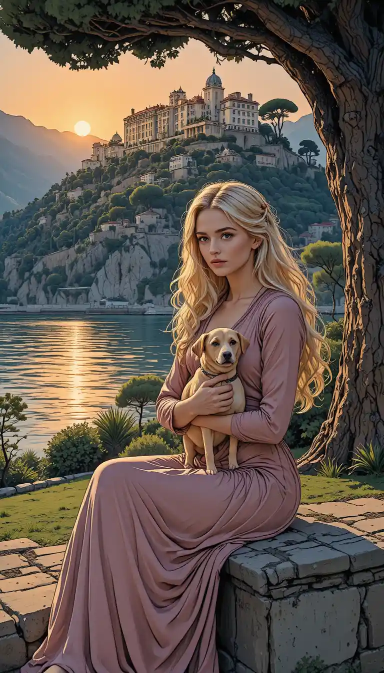 Young woman with dog under a birch tree at dusk