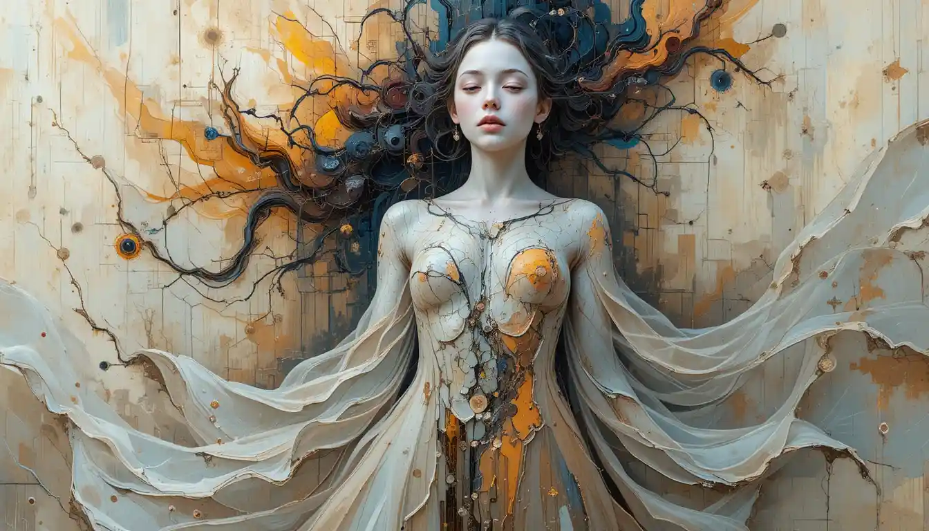 Ethereal woman in a surreal abstract realm of dissolving time
