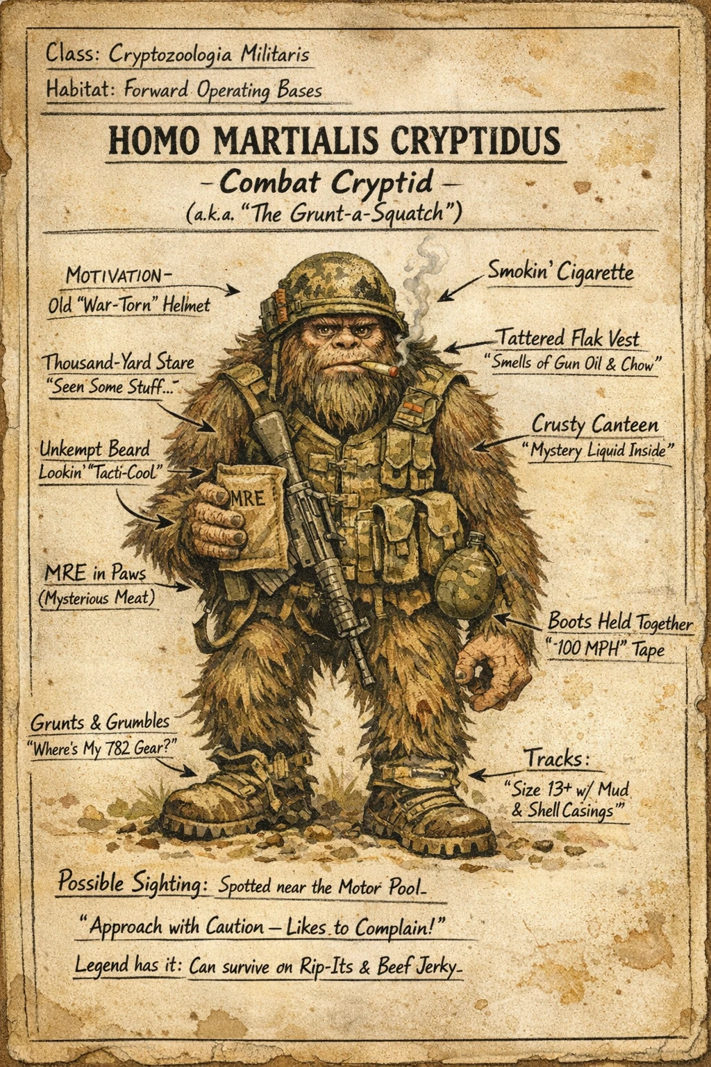 Vintage cryptid field guide page with humorous military creature