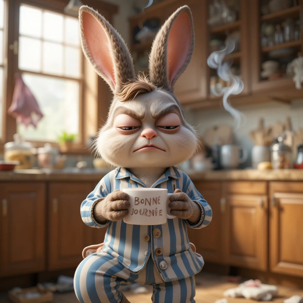 Sleepy Grumpy Rabbit With Coffee In A Messy Kitchen