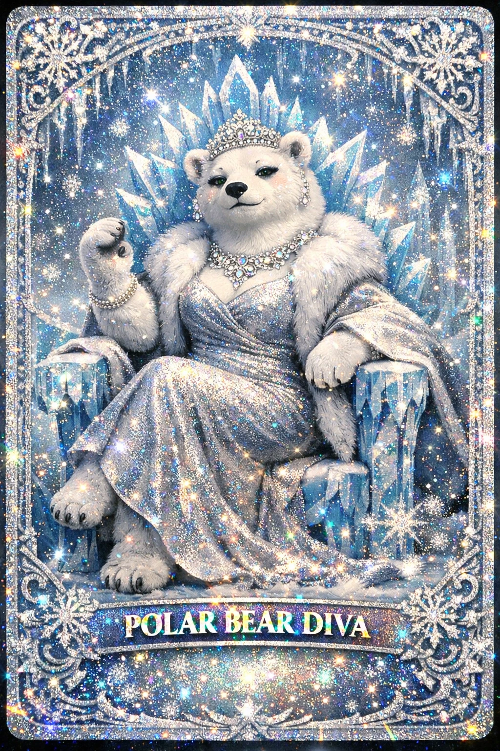 Diva de oso polar real sentada en un reluciente trono de hielo