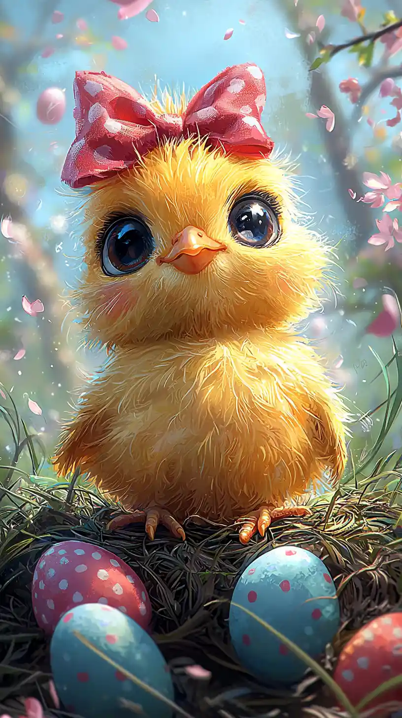 Cute yellow chick with bow in colorful easter nest
