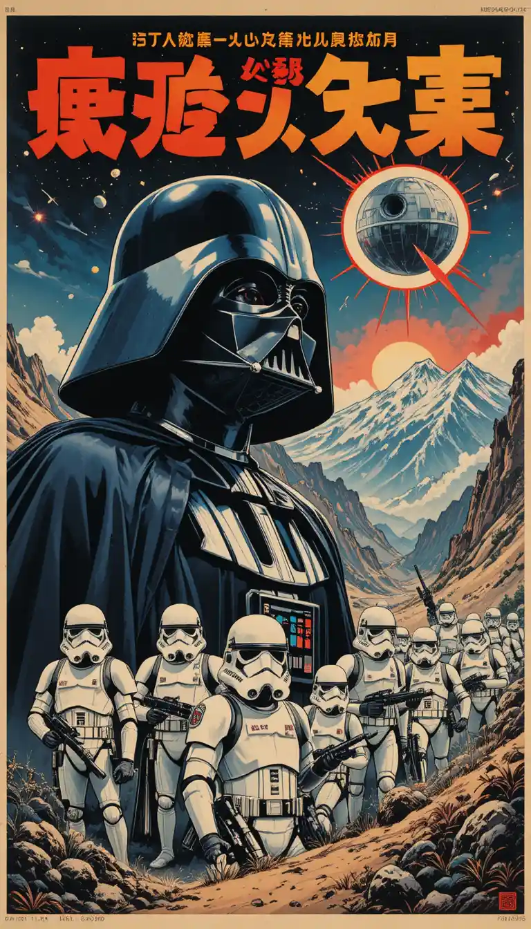 Póster de propaganda sci‑fi vintage con figura enmascarada y batallas