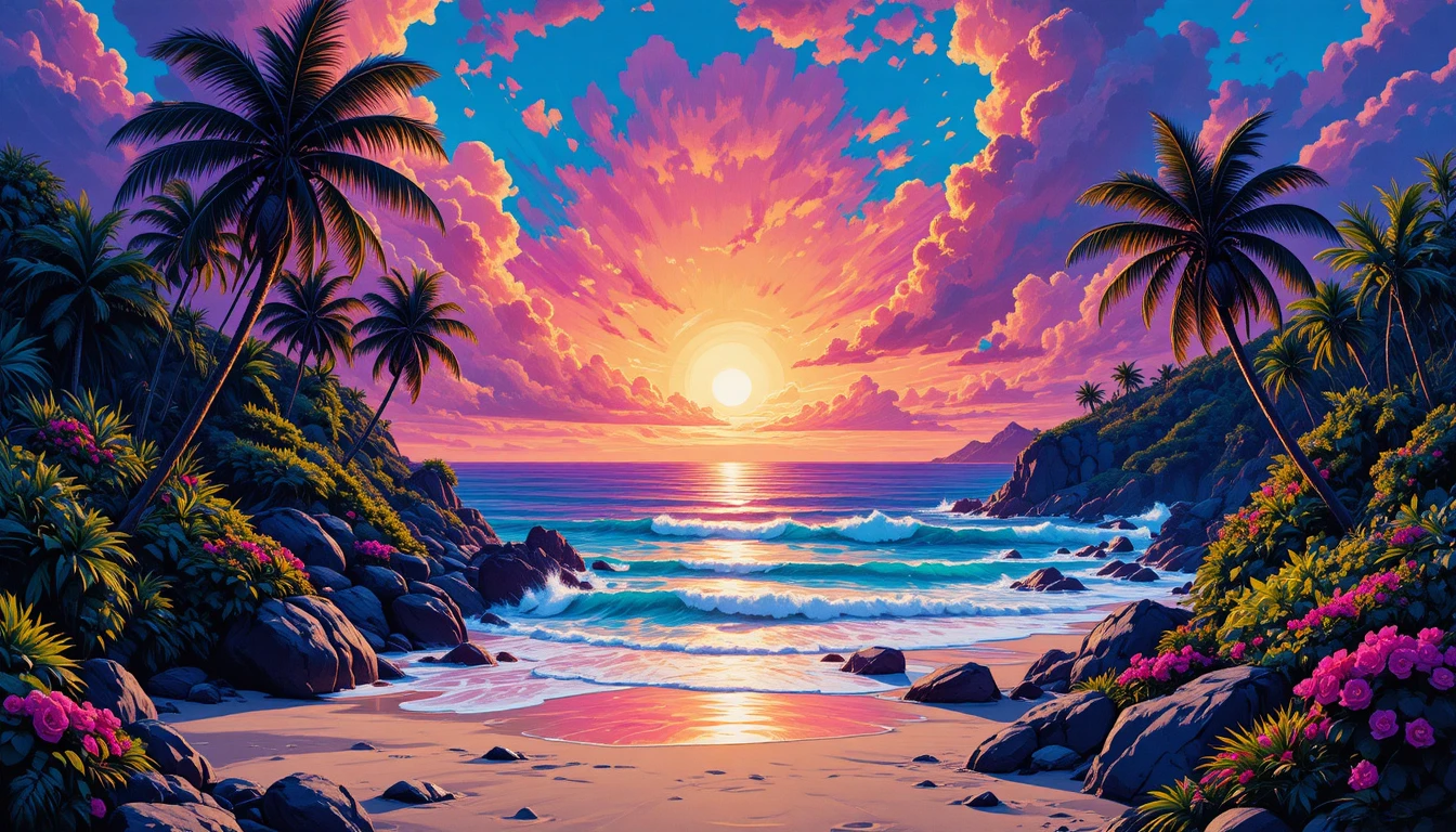 Neon synthwave tropical beach at glowing sunset