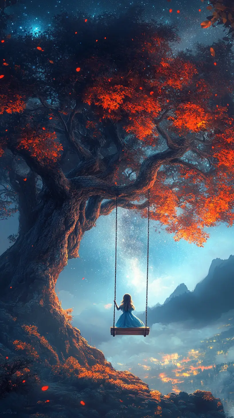 Girl on a swing under an ancient tree at night