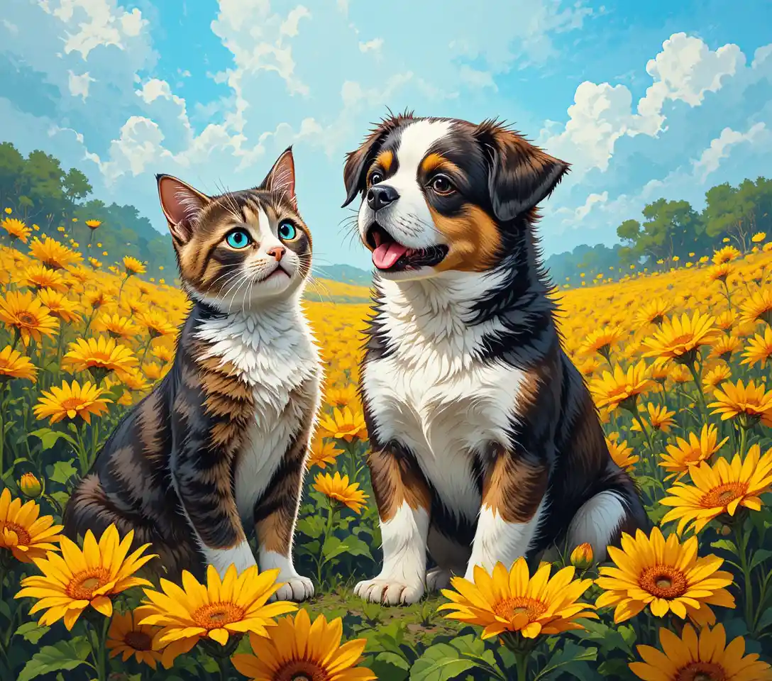 Cachorro San Bernardo y gatito en un luminoso campo de girasoles