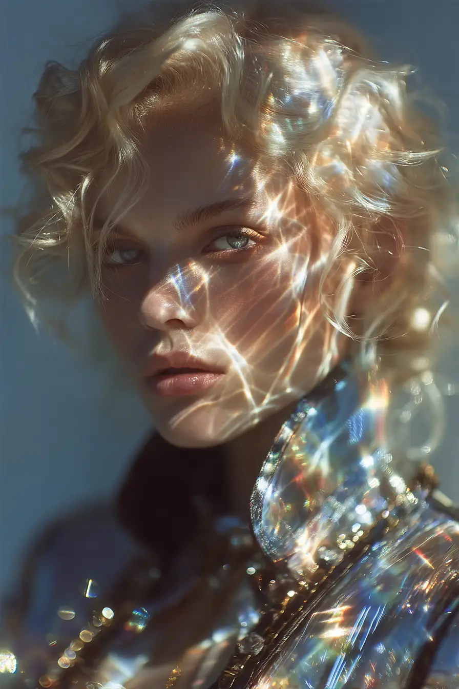 Ethereal pastel light waves around a girl in profile