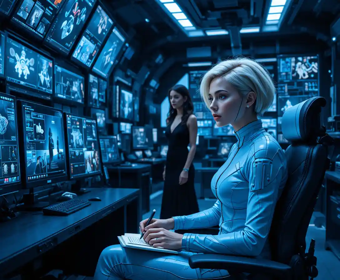 Futuristic office scene with two women in conversation