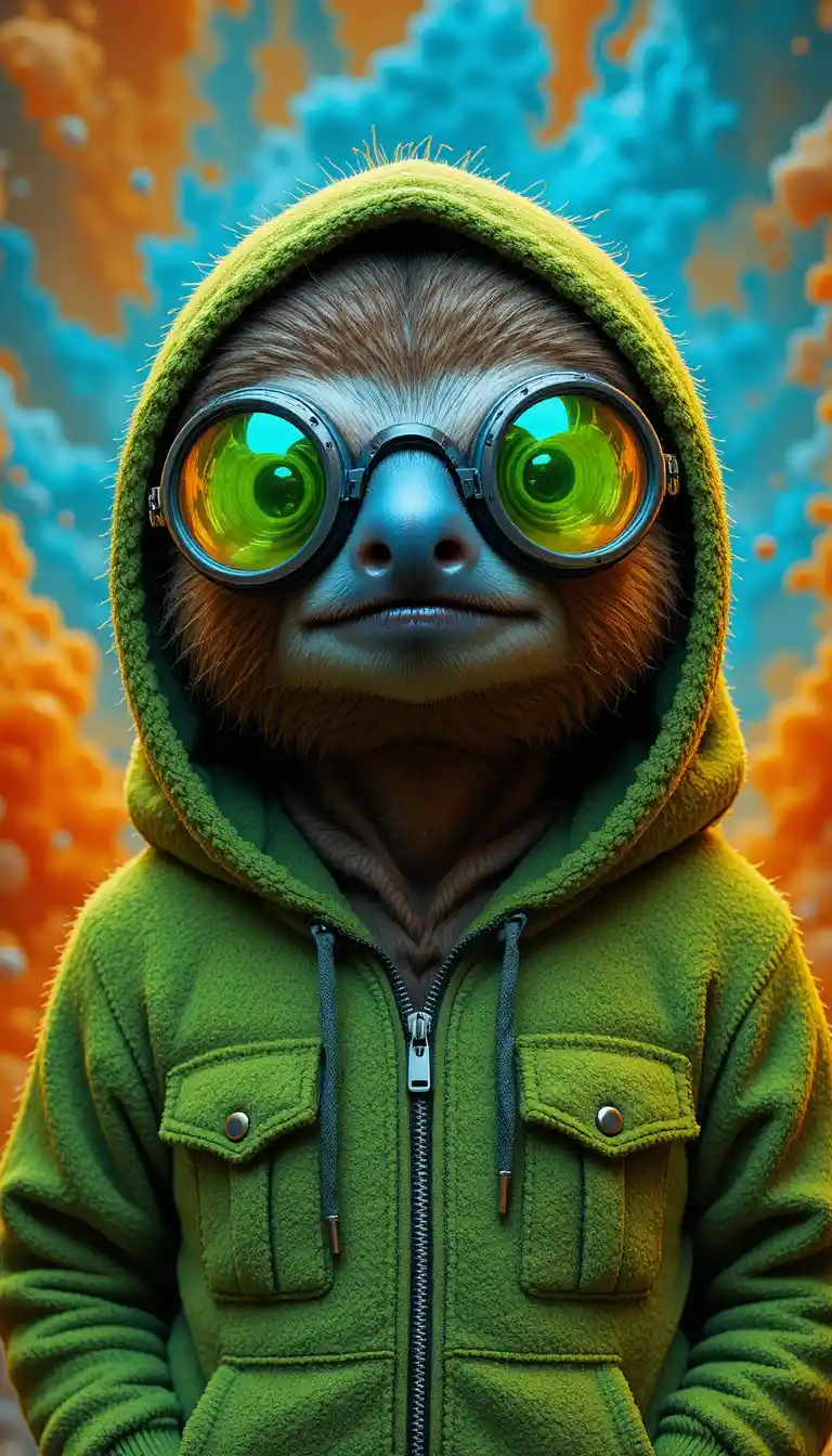 Cool sloth character in hoodie with colorful sci fi background