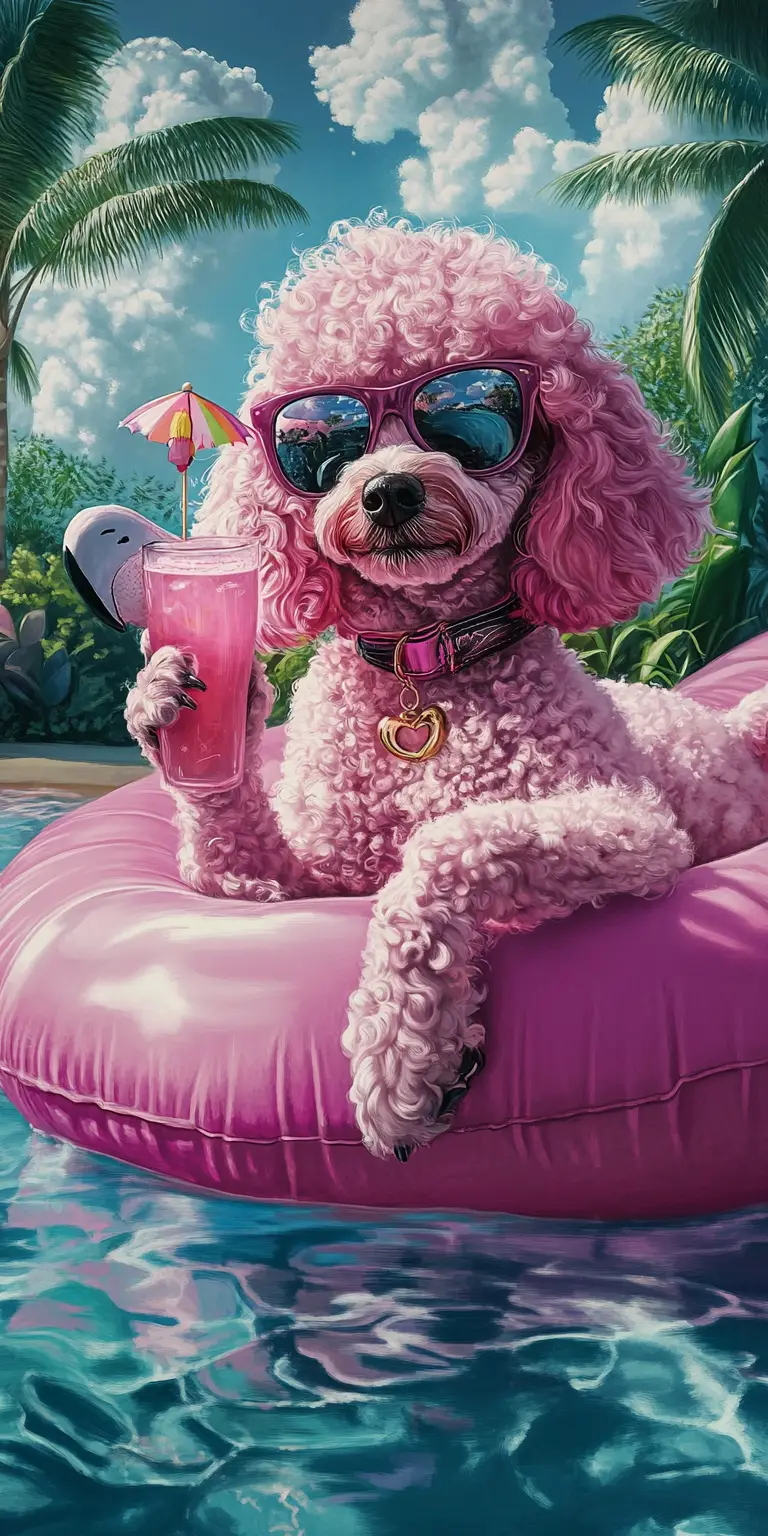 Glamorous pink poodle relaxing on a flamingo pool float