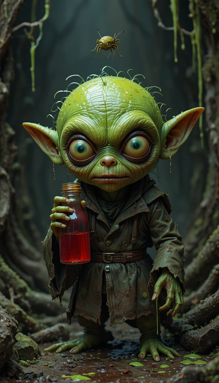 Duende siniestro sosteniendo un frasco rojo sangre en la oscuridad