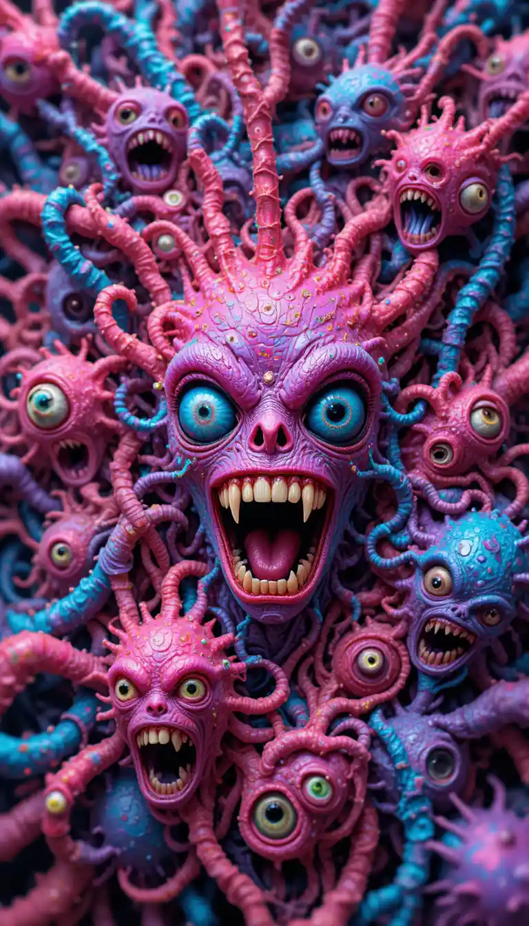 Chaotic digital swarm of colorful surreal fantasy creatures