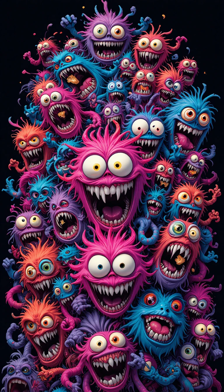 Monstruos de dibujos animados coloridos con ojos grandes sobre fondo oscuro