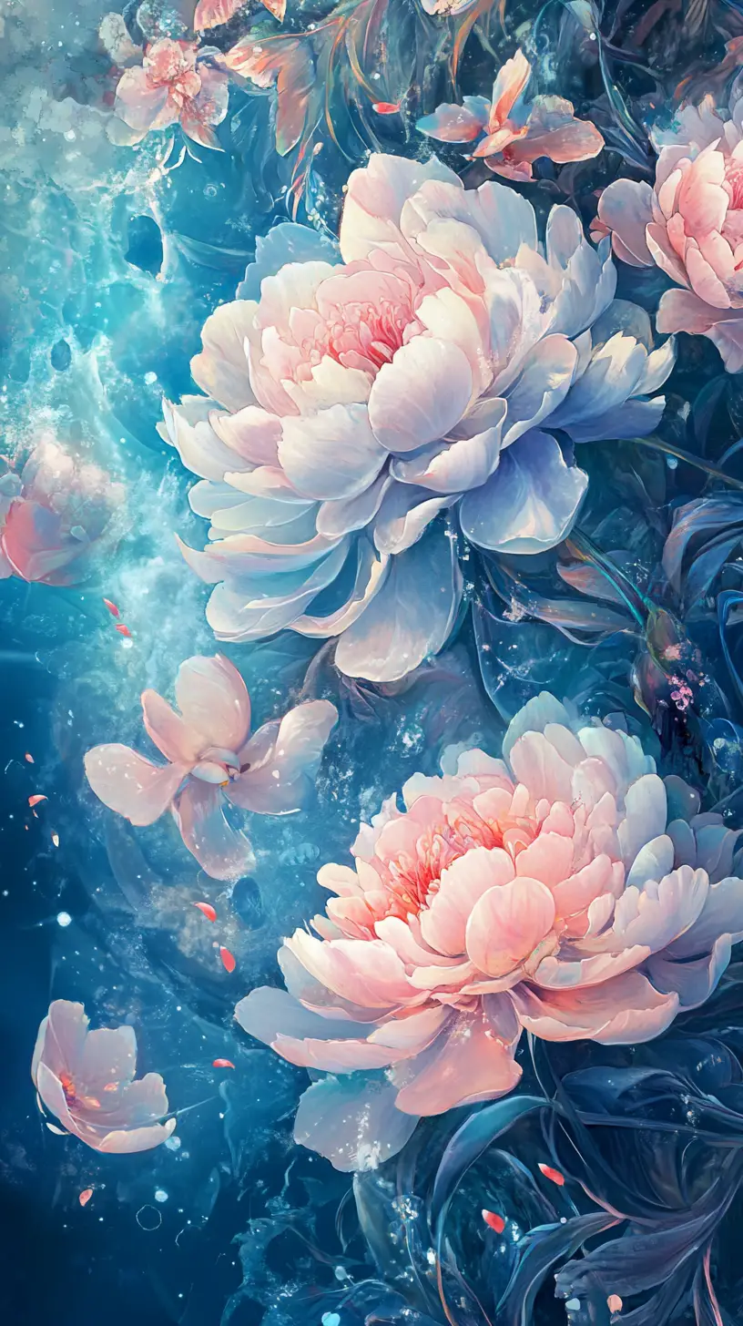 Illustrazione fantasy blu mistica con peonie colorate