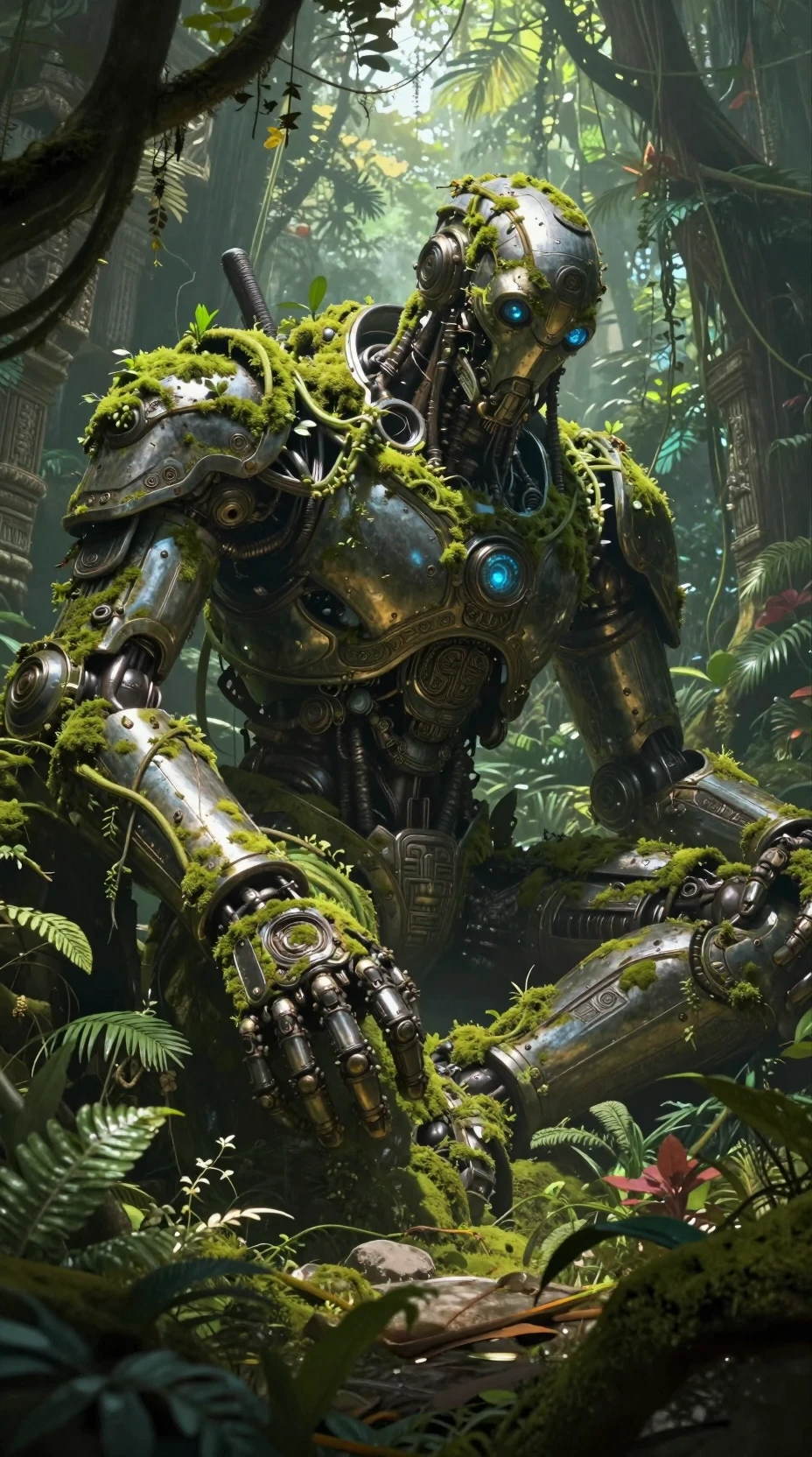 Ancient moss covered robot resting in a jungle temple