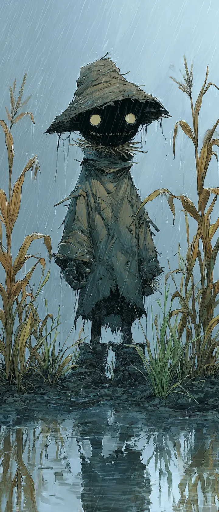 Melancholic anime scarecrow watching a rainy cornfield