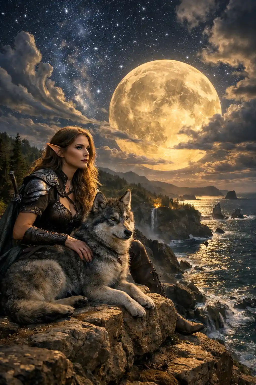 Elven warrior with wolf under a mystical moonlit sky