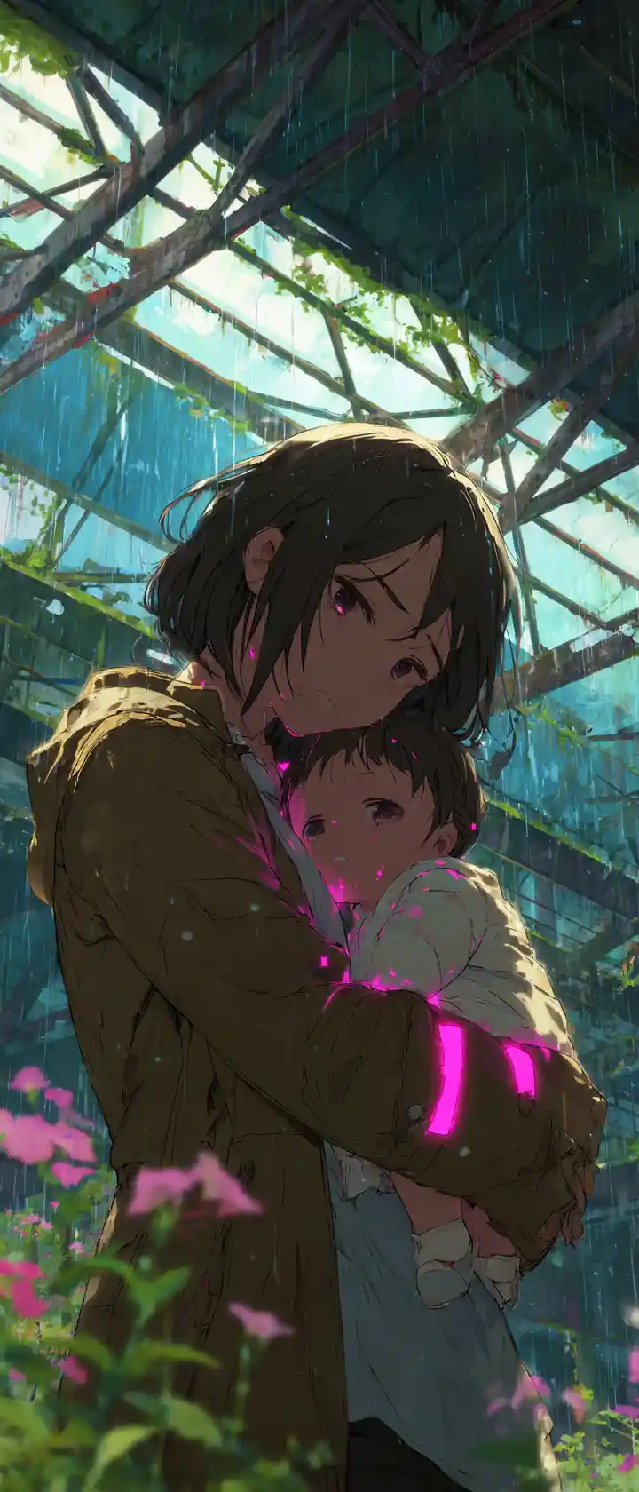 Anime mother holding fading holographic child in ruins
