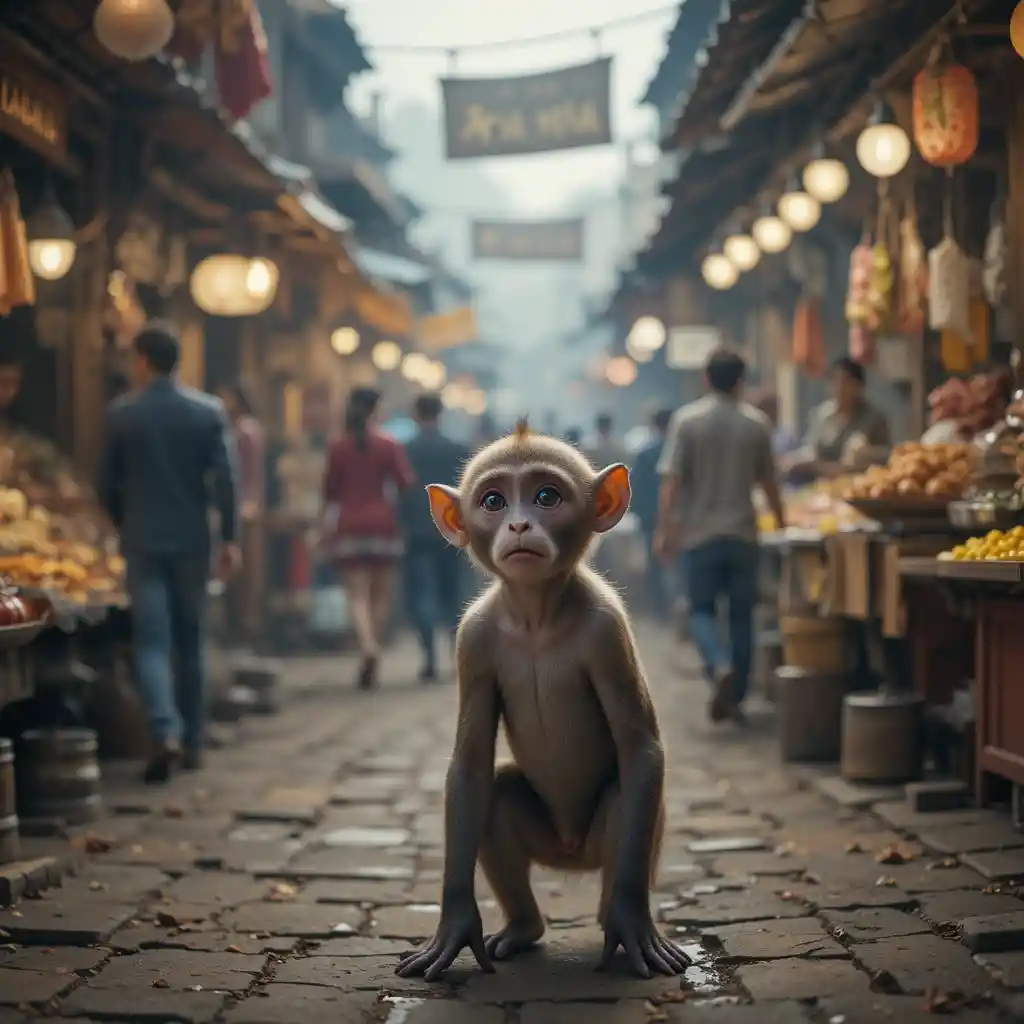 Hungry Monkey In A Busy Village Street Market