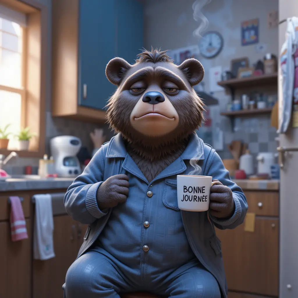 Oso Somnoliento y Gruñón con Café en una Cocina Desordenada