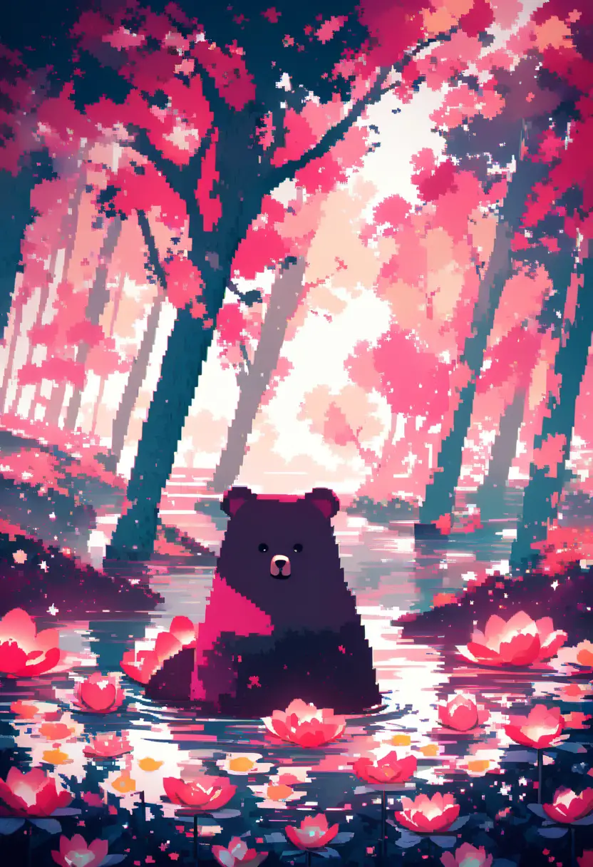Bear bathing in lotus lake in pixel art style
