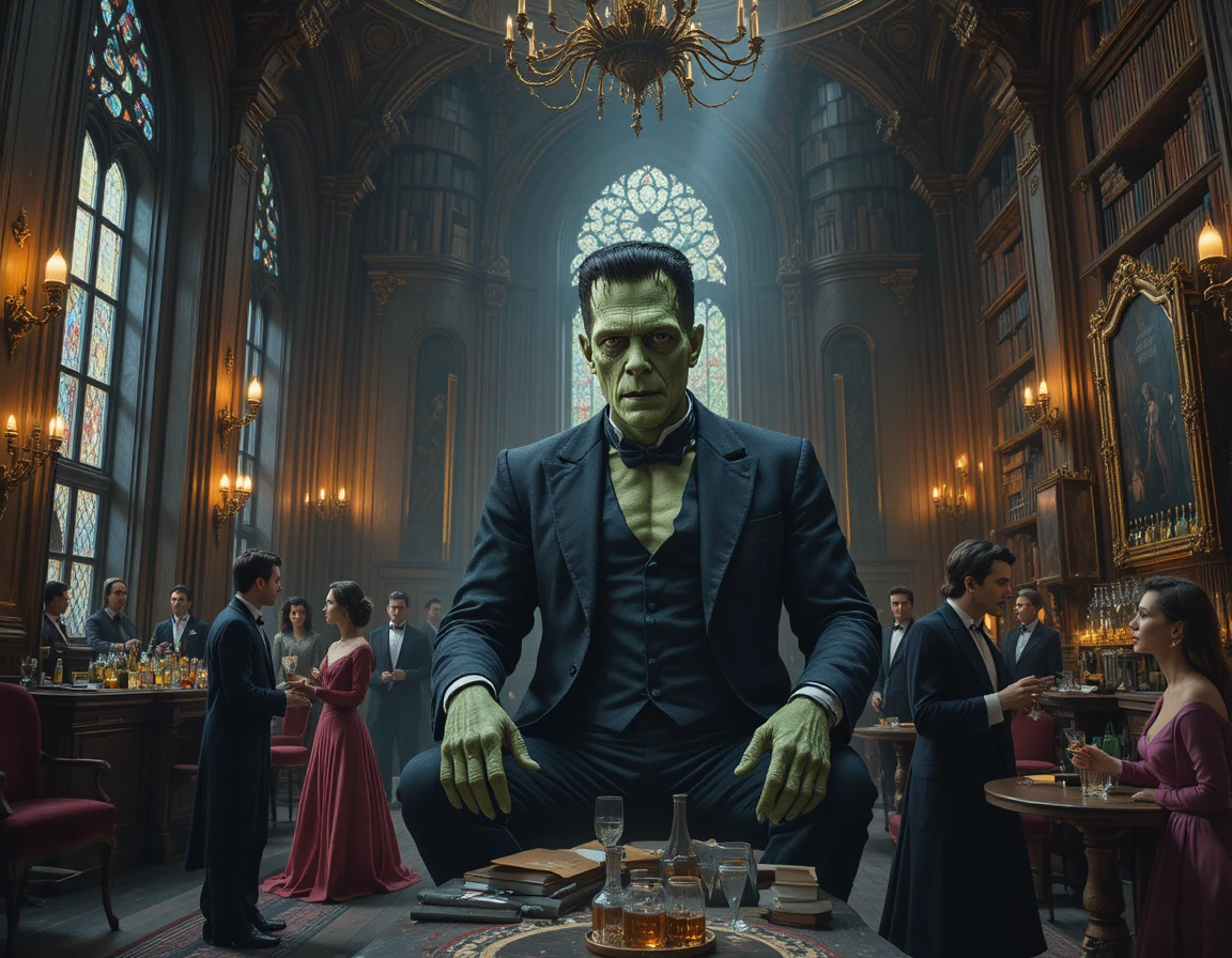 Monstruo al estilo Frankenstein en un lujoso bar de cócteles victoriano