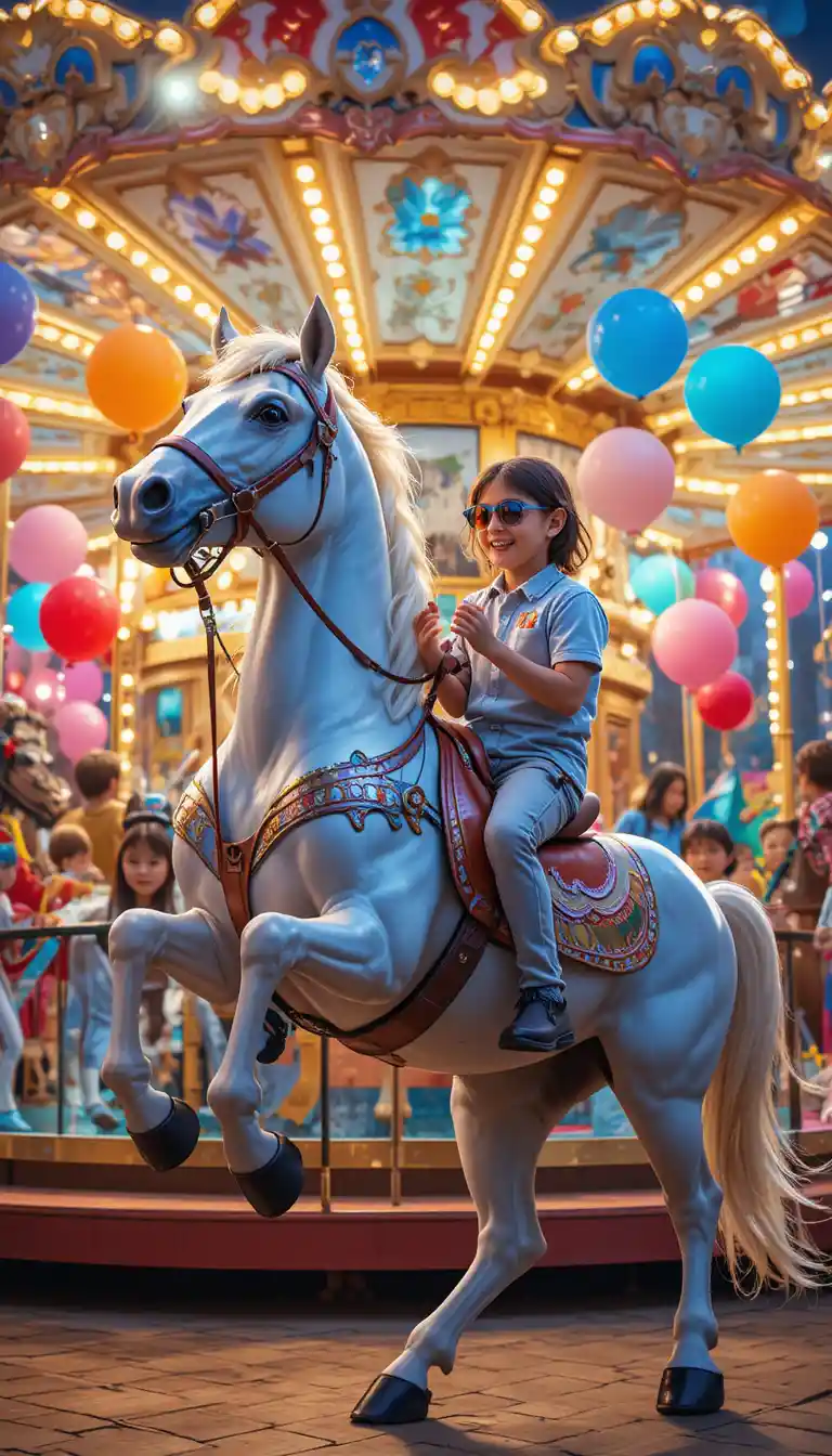Children riding a dancing horse at a colorful carousel