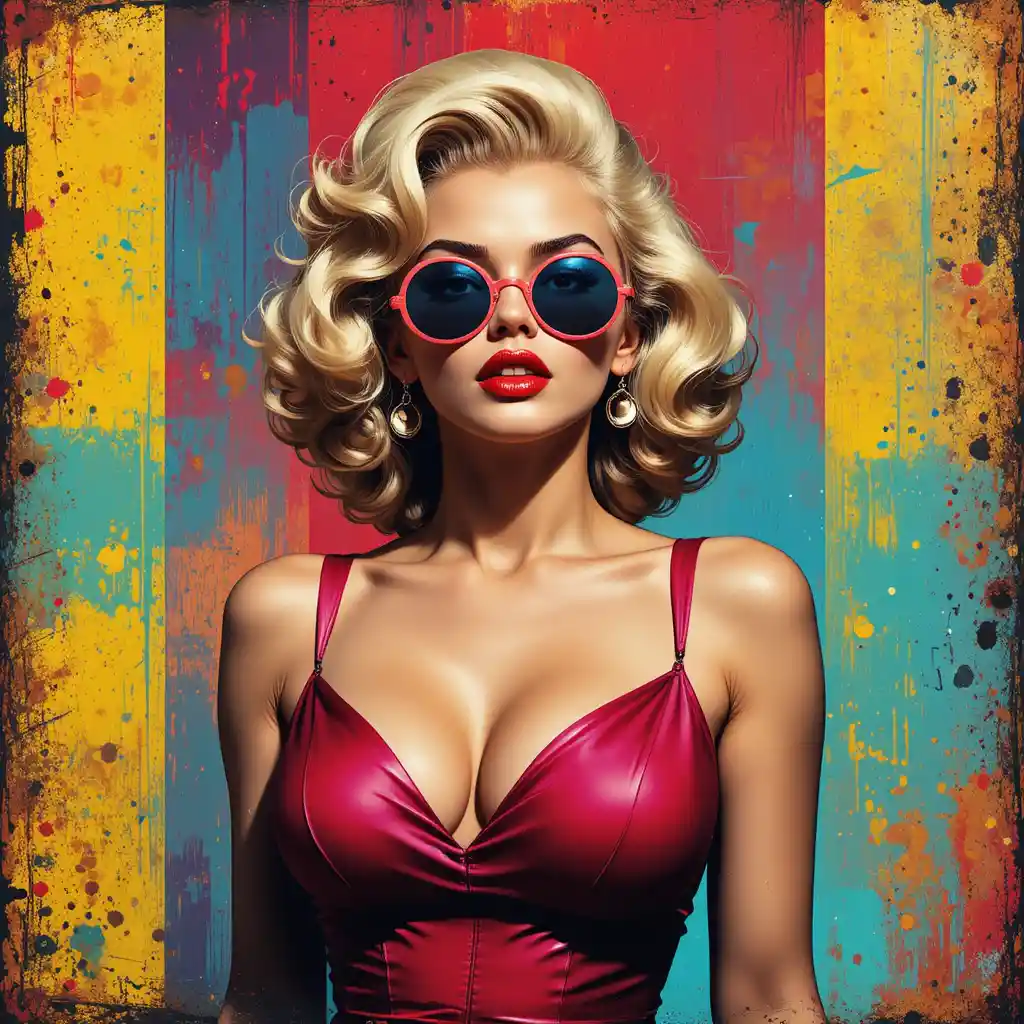 Mujer rubia pop art con gafas de sol y colores abstractos intensos