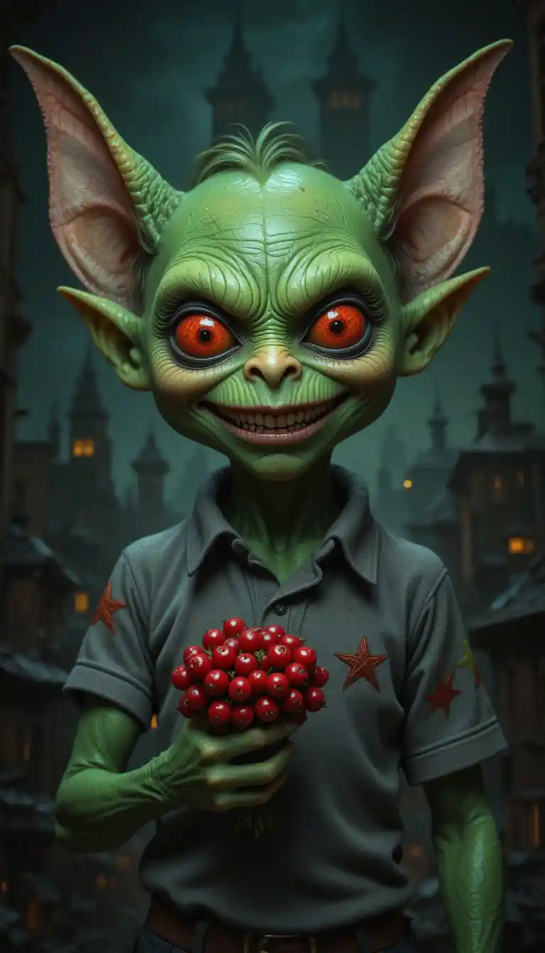 Creepy green goblin grinning before a dark cityscape