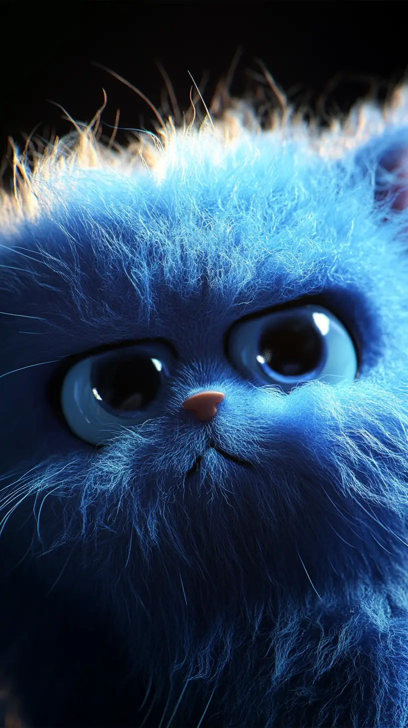Sad Blue Furry Monster Portrait On Black Background