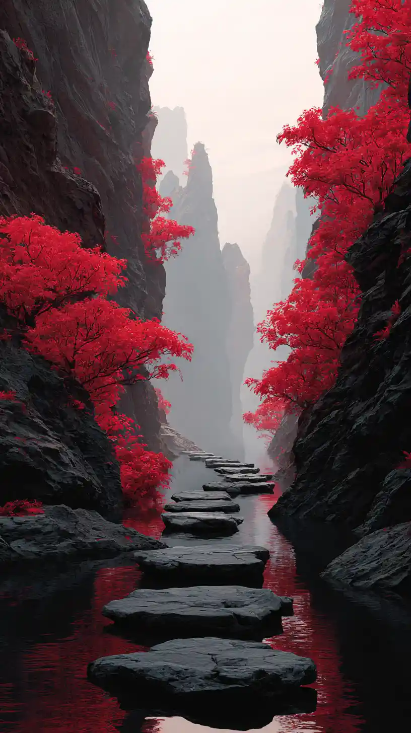 Mist shrouded canyon with red cliffs and dark waterway