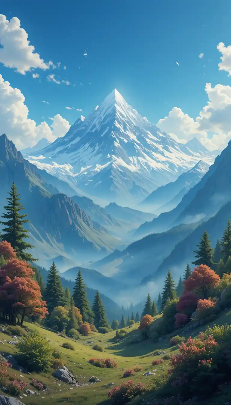 Peaceful Vintage Mountain Landscape With Lush Green Trees