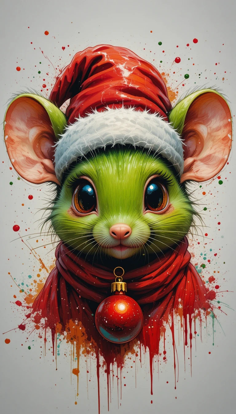 Niedrige grüne Maus mit Weihnachtsmütze und Farbspritzern