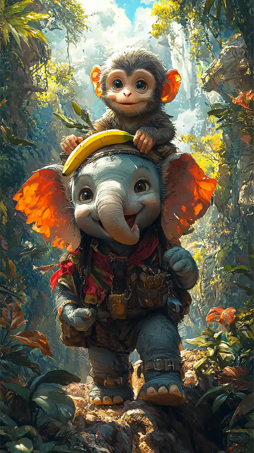 Playful comic elephant with monkey in vibrant jungle