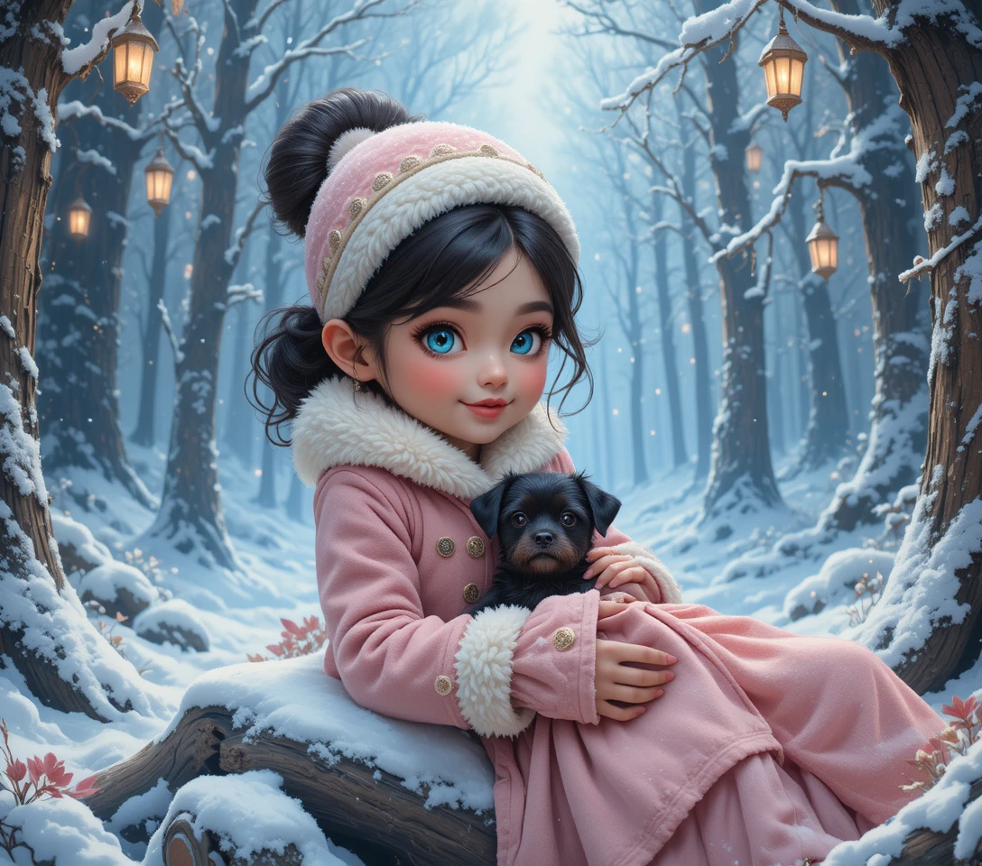 Young girl in pink coat resting in a snowy forest
