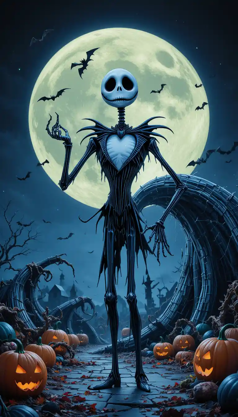 Grinning skeleton before a giant moon with flying bats