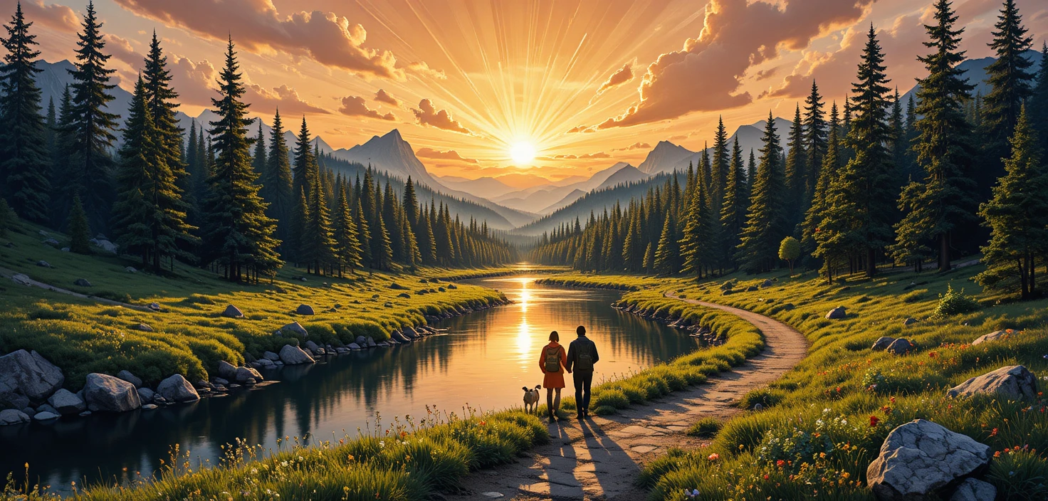 Paesaggio di foresta al tramonto con ruscello ed escursionisti sul sentiero
