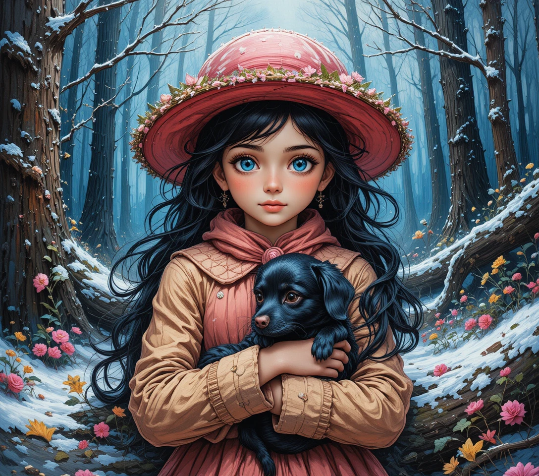 Ragazza con cappotto rosa che coccola un cane in una foresta innevata