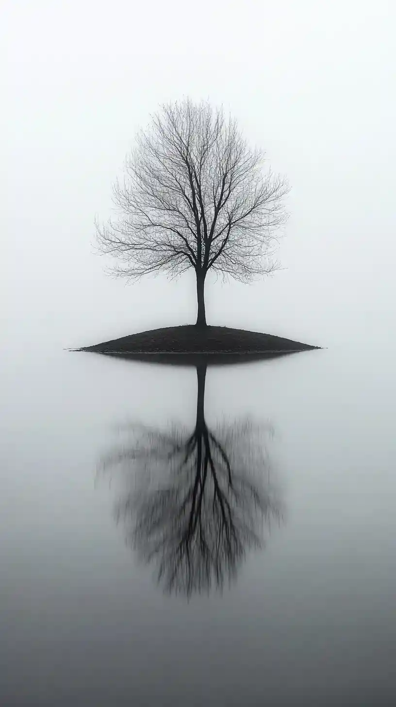 Lone Tree On Misty Island Reflected In Still Monochrome Water