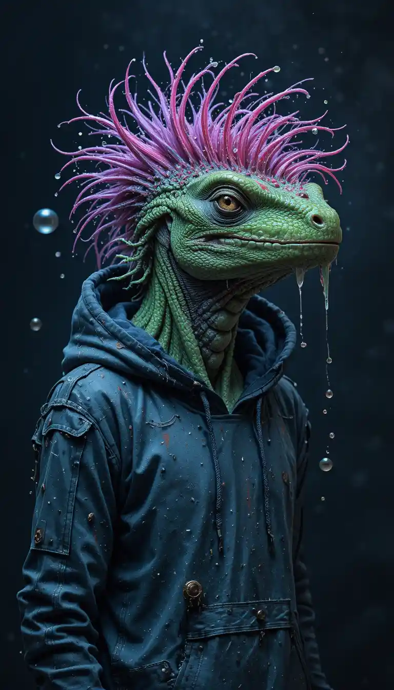 Psychedelic Lizard Humanoid With Neon Hair In Dark Space