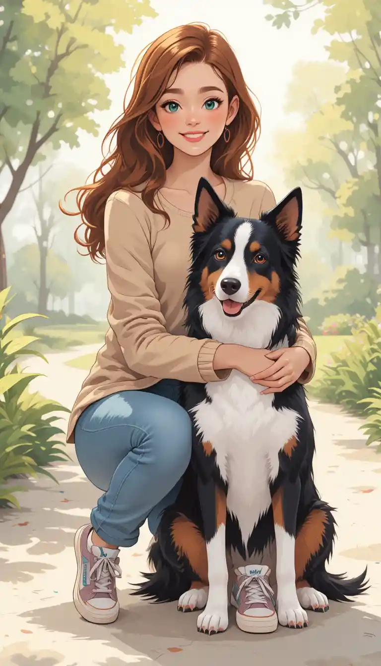 Young woman hugging her dog in a sunny park