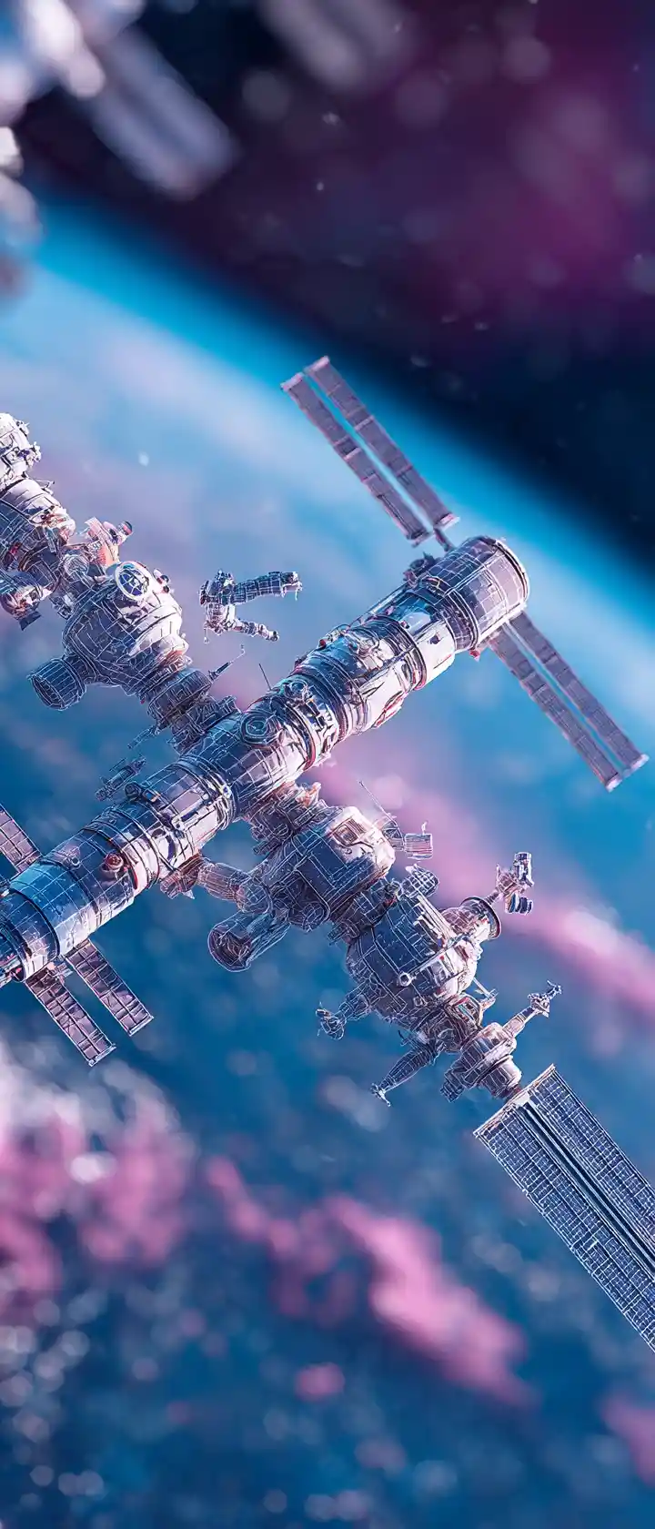 Anime space station orbiting a distant planet in neon tones