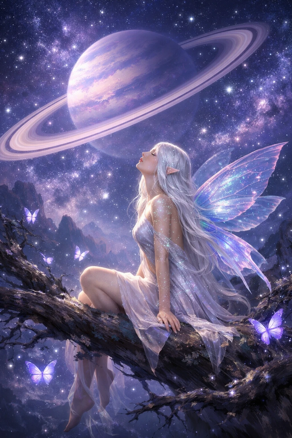 Donna fata eterea su un ramo cosmico sotto un pianeta anellato