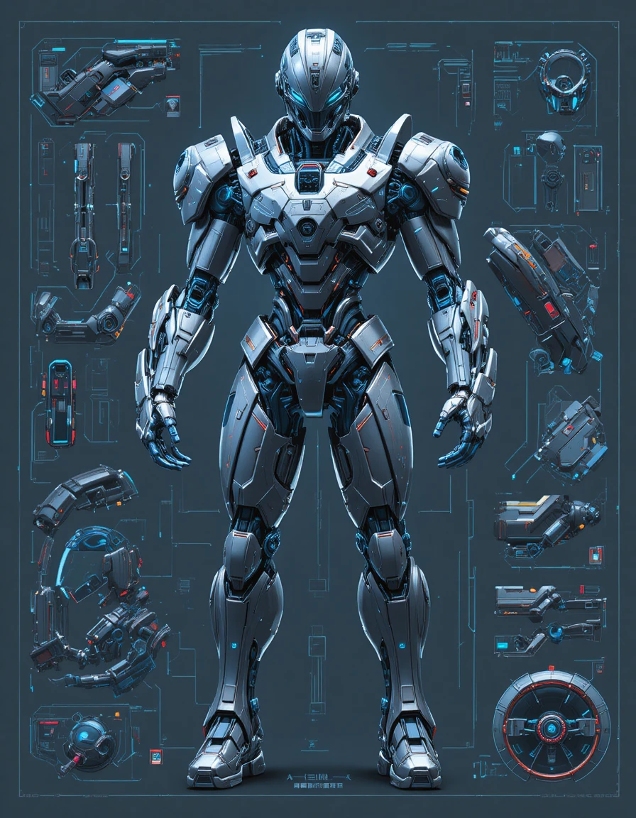Blueprint di Armatura Mecha Futuristica con Componenti Cibernetici