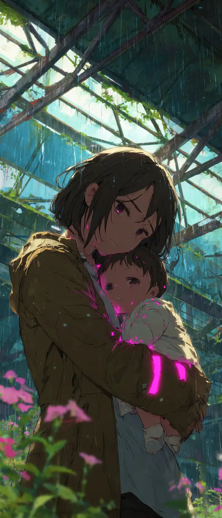 Anime mother holding fading holographic child in ruins