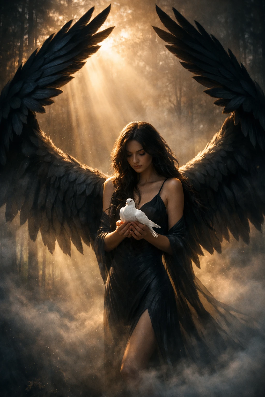 Winged woman with dove in a misty cinematic forest