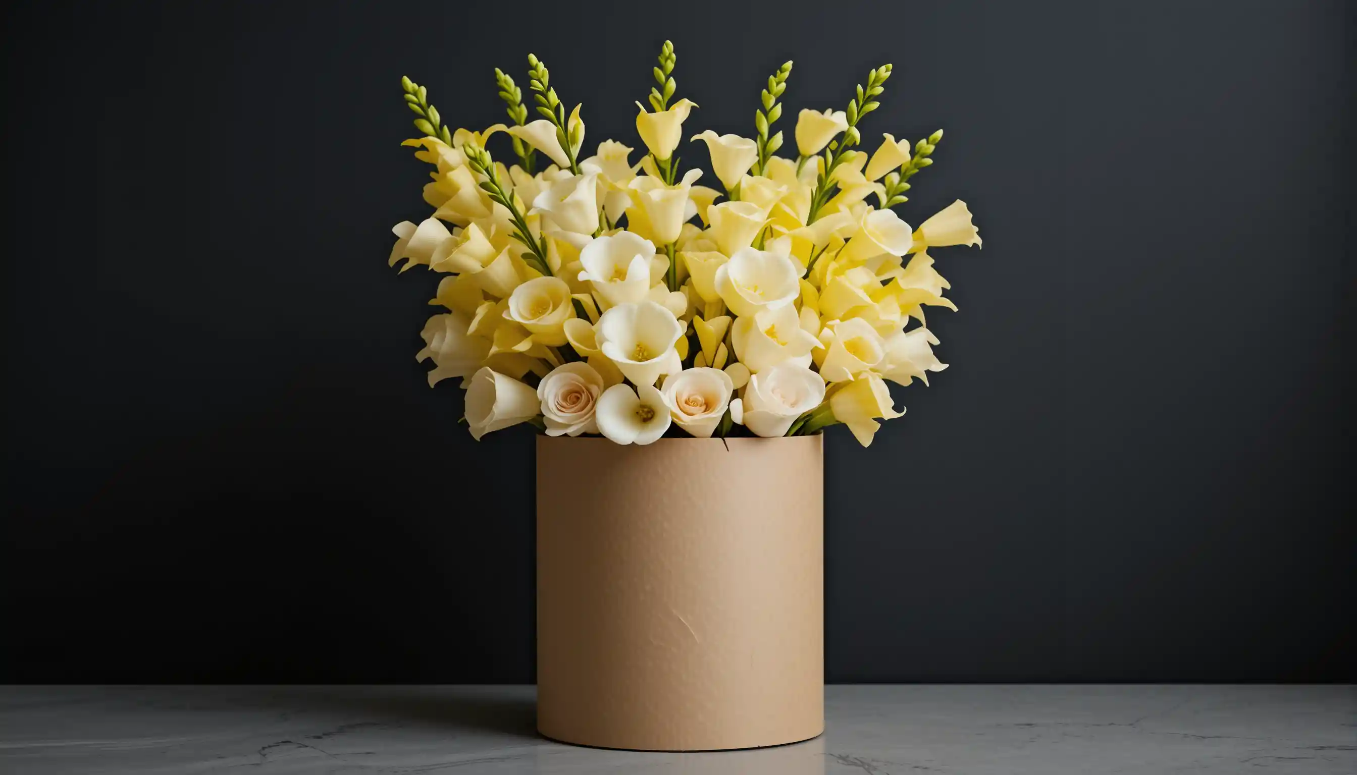 Elegant kraft wrapped freesia bouquet on black background