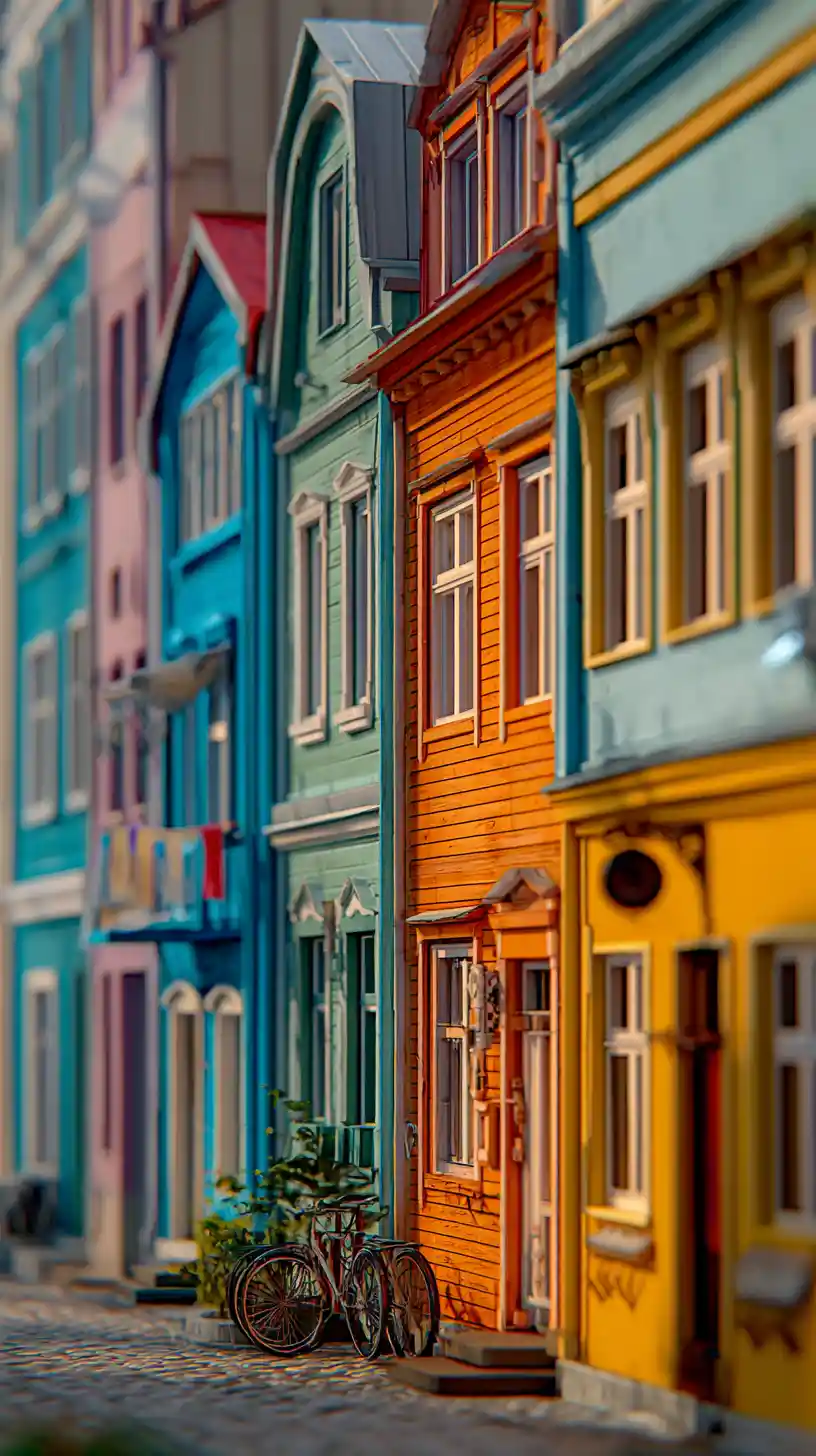 Bunte Holzhäuser entlang einer gemütlichen Wohnstraße