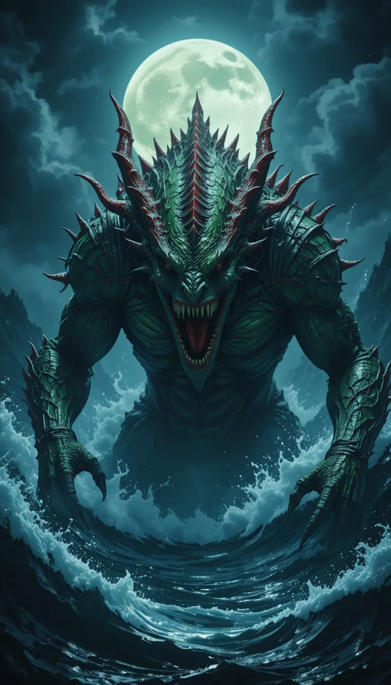 Armored sea monster with dragon head in eerie moonlight