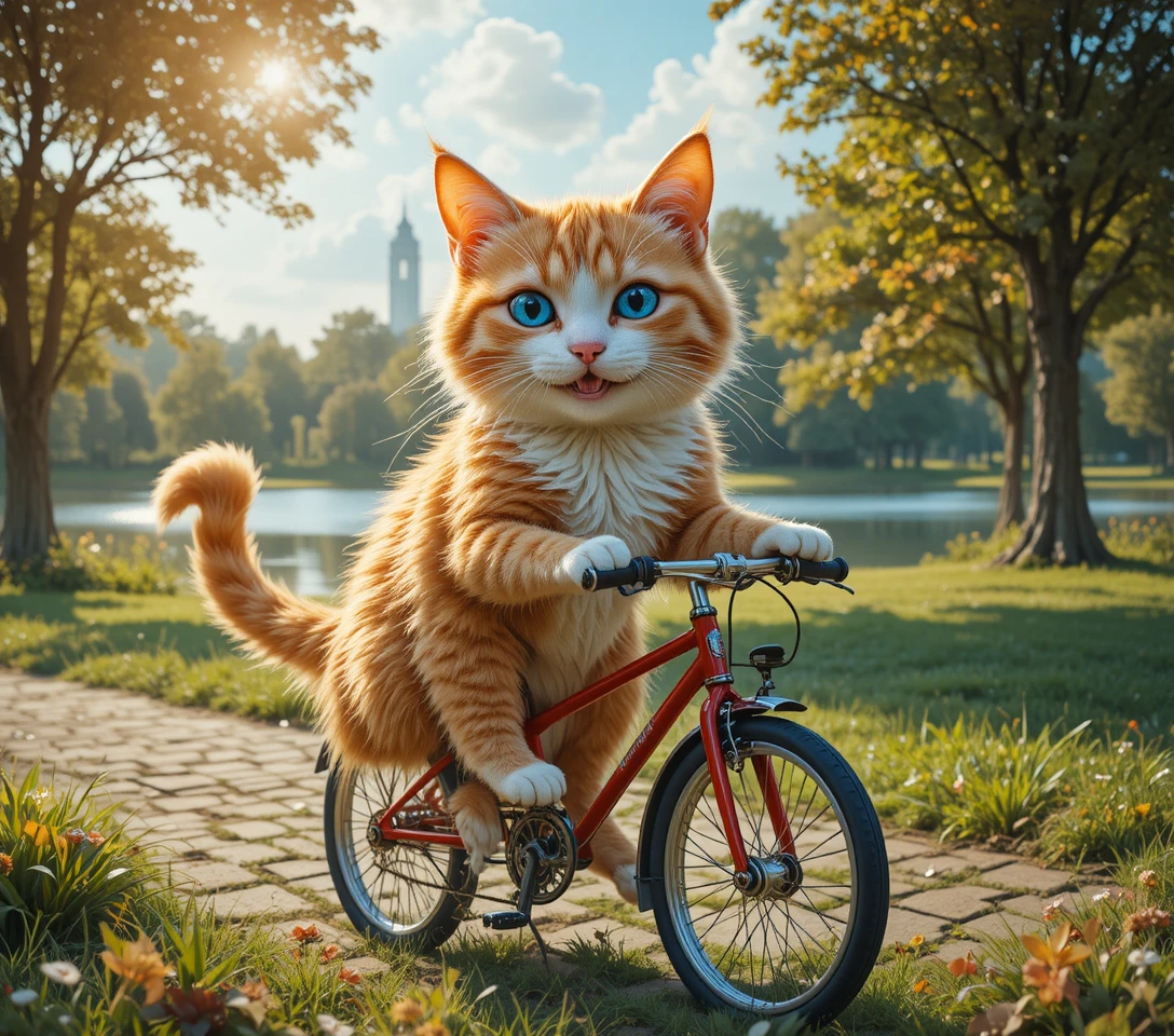 Lächelnde orangefarbene getigerte Katze fährt ein rotes Fahrrad im Park
